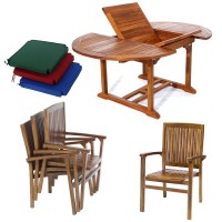 All Things Cedar Te70-24-G 5-Piece Teak Oval Extension Patio Table Stacking Arm Chair With Cushions Green