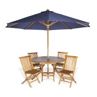 All Things Cedar Tt6P-R-B 6-Piece Teak Round Patio Table Folding Chair Set With Umbrella Blue