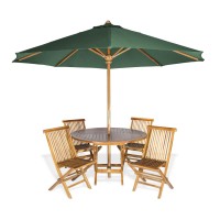 All Things Cedar Tt6P-R-G 6-Piece Teak Round Patio Table Folding Chair Set With Umbrella Green