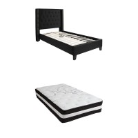 Flash Furniture Riverdale Twin Size Tufted Upholstered Platform Bed In Black Fabric With Pocket Spring Mattress