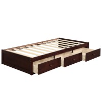 Julyfox Bed Frame Twin With 3 Drawers, Pine Wood Daybed No Headboard No Box Spring Need Sturdy Heavy Duty Construction Space Saving Low Profile For Kids Teens Juniors Single Adults Brown