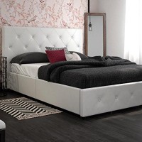 Dhp Dakota Upholstered Platform Bed With Underbed Storage Drawers And Diamond Button Tufted Headboard And Footboard, No Box Spring Needed, Queen, White Faux Leather