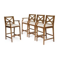 Christopher Knight Home Short Outdoor Acacia Wood Barstools, Teak Finish And Cream (Set Of 4)