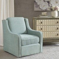 Madison Park Harris Swivel Chair - Solid Wood, Plywood, Metal Base Accent Armchair Modern Classic Style Family Room Sofa Furniture, 28.5 Wide, Dusty Aqua