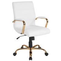 Flash Furniture Whitney Mid-Back Desk Chair - White Leathersoft Executive Swivel Office Chair With Gold Frame - Swivel Arm Chair