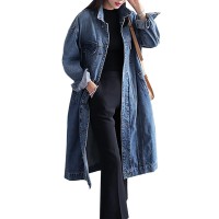 Jofemuho Womens Classic Long Jean Jacket Plus Size Loose Long Sleeve Button Down Denim Jacket Trench Coat Blue Xl