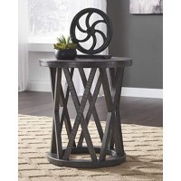 Signature Design By Ashley Sharzane Rustic Round End Table Made Of Solid Pine Wood, Gray With Weathered Finish