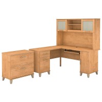 Bush Furniture Somerset L Shaped Desk With Hutch And Lateral File Cabinet, 60W, Maple Cross
