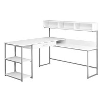 Monarch Specialties Workstation For Home & Office With Multiple Shelves And Drawer L-Shaped Corner Desk With Hutch, 60 L, White/Silver Frame
