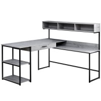 Monarch Specialties Workstation For Home & Office With Multiple Shelves And Drawer L-Shaped Corner Desk With Hutch, 60 L, Grey/Black Frame