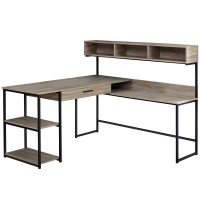 Monarch Specialties Workstation For Home & Office With Multiple Shelves And Drawer L-Shaped Corner Desk With Hutch 60 L Dark Taupeblack Frame