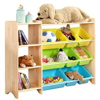 Mallbest 4-Tier Kids' Toy Storage Organizer Shelf - 100%Solid Wood,Children'S Storage Cabinet With 9 Plastic Bins And 3 Storage Ports (Varnish)