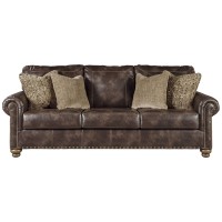 Signature Design By Ashley Nicorvo Traditional Faux Leather Queen Sofa Sleeper With Gold Nailhead Trim, Brown