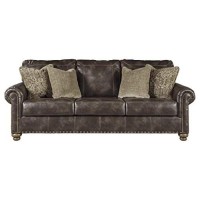 Signature Design By Ashley Nicorvo Traditional Faux Leather Queen Sofa Sleeper With Gold Nailhead Trim, Brown