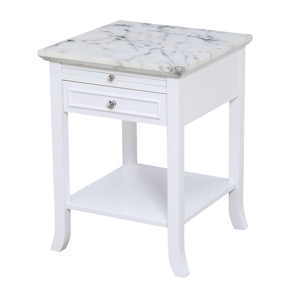 Convenience Concepts 7102045Wmw American Heritage Logan 1 Drawer End Table With Pull-Out Shelf, White Faux Marble Top/White