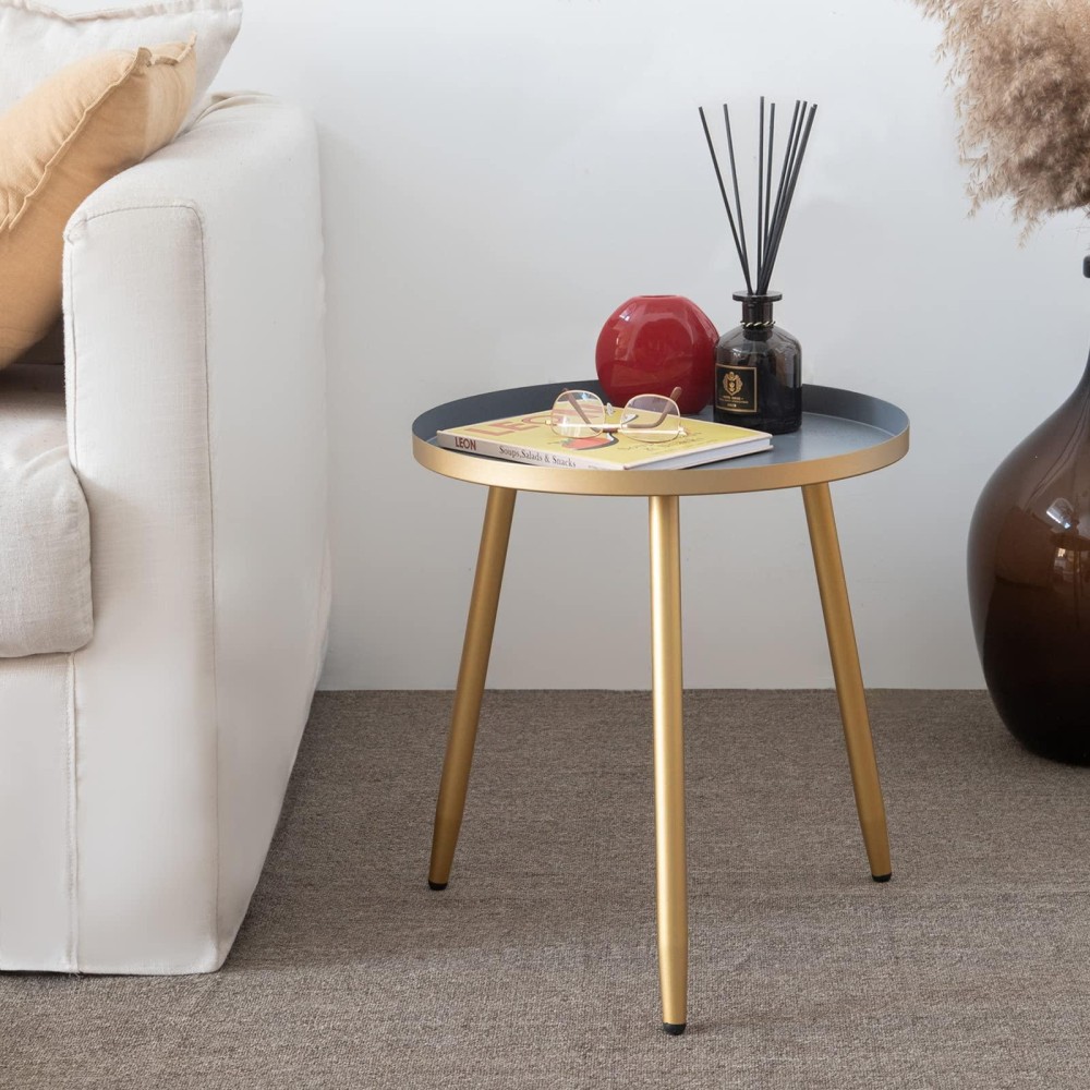 Aojezor Round End Table Ideal For Any Room, Metal Structure Side Tables Great For Living Room, Bedroom, Indoor, Outdoor, Matte Gray Tray With 3 Gold Legs Accent