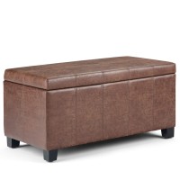 Simplihome Dover 36 Inch Wide Rectangle Lift Top Storage Ottoman Bench In Upholstered Distressed Umber Brown Faux Leather, Footrest Stool, Coffee Table For The Living Room, Bedroom And Kids Room