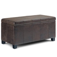 Simplihome Dover 36 Inch Wide Rectangle Lift Top Storage Ottoman Bench In Upholstered Distressed Brown Faux Leather, Footrest Stool, Coffee Table For The Living Room, Bedroom And Kids Room