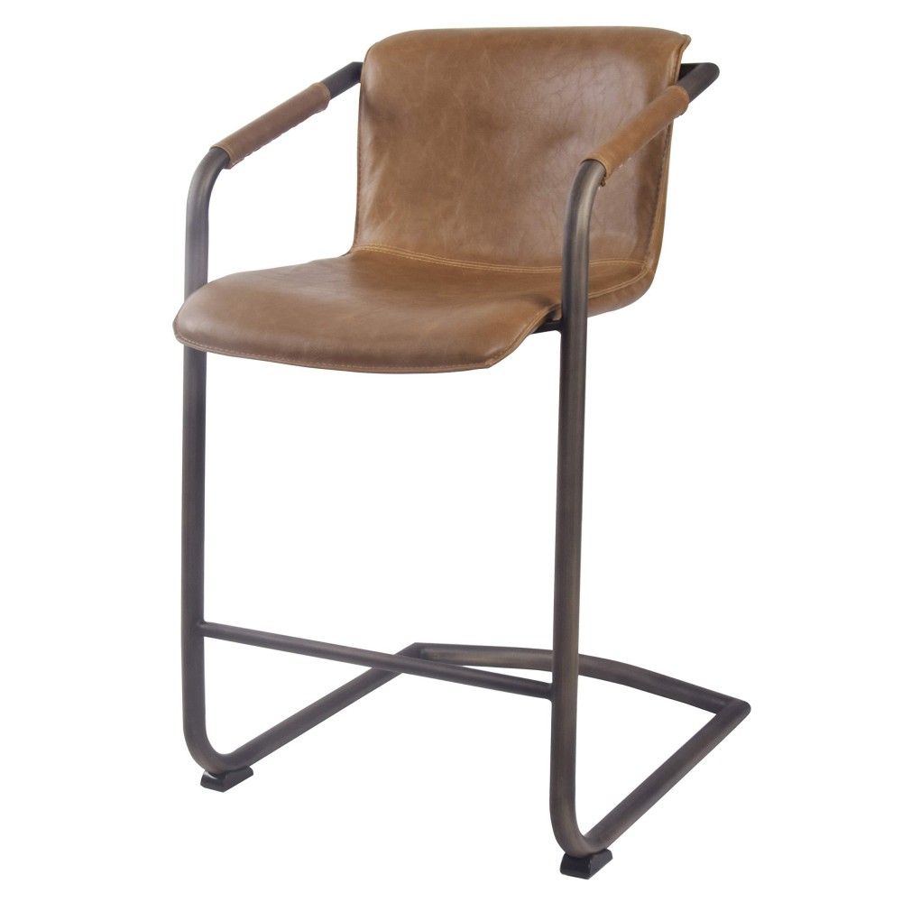 New Pacific Direct Indy Pu Leather Counter, Set Of 2 Bar & Counter Stools, Antique Cigar Brown