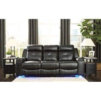 Signature Design By Ashley Kempten Faux Leather Manual Reclining Sofa With High Back And Blue Led Lighting, Black