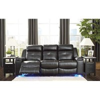 Signature Design By Ashley Kempten Faux Leather Manual Reclining Sofa With High Back And Blue Led Lighting, Black