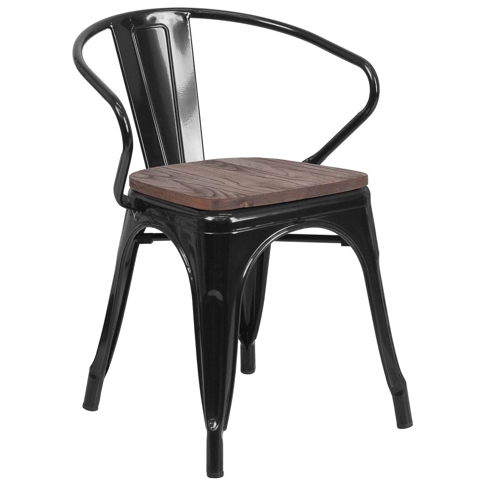 Flash Furniture Black Metal Chair With Wood Seat And Arms