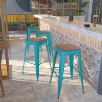 Flash Furniture 4 Pk 30 High Backless Crystal Teal-Blue Barstool With Square Wood Seat