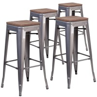 Flash Furniture 4 Pk 30 High Backless Clear Coated Metal Barstool With Square Wood Seat