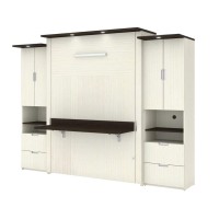Bestar Lumina Queen Murphy Bed With Desk And 2 Storage Cabinets, White Chocolate