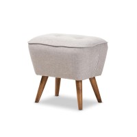 Baxton Studio Petronelle Mid-Century Modern Greyish Beige Fabric Upholstered Walnut Brown Finished Wood Ottoman