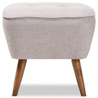 Baxton Studio Petronelle Mid-Century Modern Greyish Beige Fabric Upholstered Walnut Brown Finished Wood Ottoman