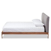 Baxton Studio Aveneil Mid-Century Modern Grey Fabric Upholstered Walnut Finished Full Size Platform Bed