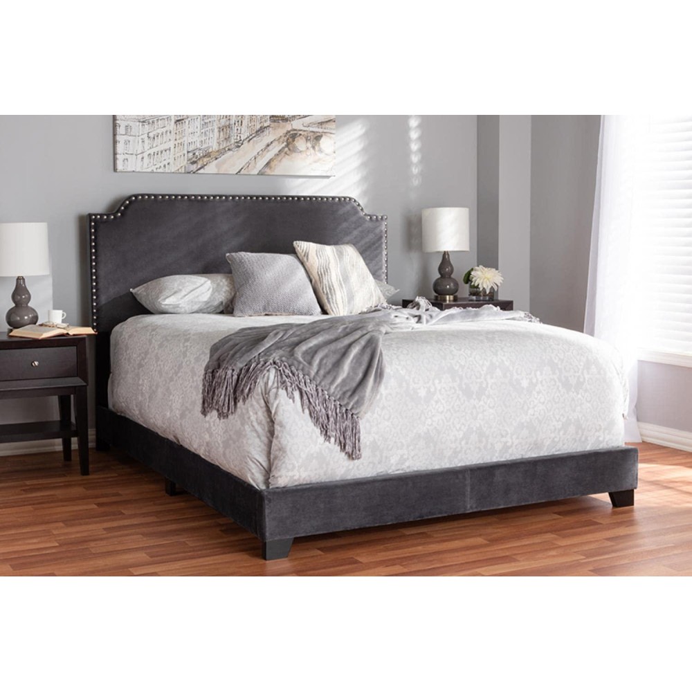 Baxton Studio Candace Velvet Nailhead Upholstered Queen Bed In Grey