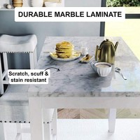 Nathan James Viktor 3 Piece Dining Set, Heigh Kitchen Counter Pub Or Breakfast Table With Marble Top And Fabric Wood Base Seat, Light Gray/White