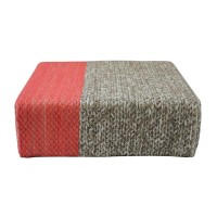 Ira - Handmade Wool Braided Square Pouf | Natural/Living Coral | 90X90X30Cm