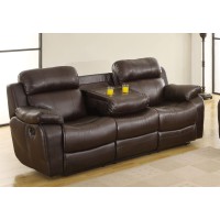 Benzara Leather Reclining Three Seater Sofa With Centre Drop Down Cup Holder, Brown