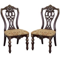 Benzara Bm181814 Fabric Upholstered Wooden Side Chair With Intricate Back, Cherry Brown, Set Of 2