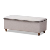 Baxton Studio Marlisa Mid-Century Modern Walnut Finished Wood And Greyish Beige Fabric Upholstered Button Tufted Storage Ottoman Bench