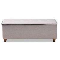 Baxton Studio Marlisa Mid-Century Modern Walnut Finished Wood And Greyish Beige Fabric Upholstered Button Tufted Storage Ottoman Bench