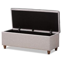 Baxton Studio Marlisa Mid-Century Modern Walnut Finished Wood And Greyish Beige Fabric Upholstered Button Tufted Storage Ottoman Bench