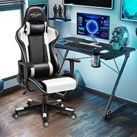 Polar Aurora Gaming Chair Racing Style High-Back Pu Leather Office Chair Computer Desk Chair Executive Ergonomic Swivel Chair Headrest Lumbar Support (White1)