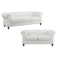 Naomi Home Emery Chesterfield Love Seat Loveseat & Sofa With Rolled Arms, Tufted Cushions / 2 & 3 Seater Sectional Sofa Couch For Small Spaces, Living Room, Bedroom Easy Tool-Free Assembly, White