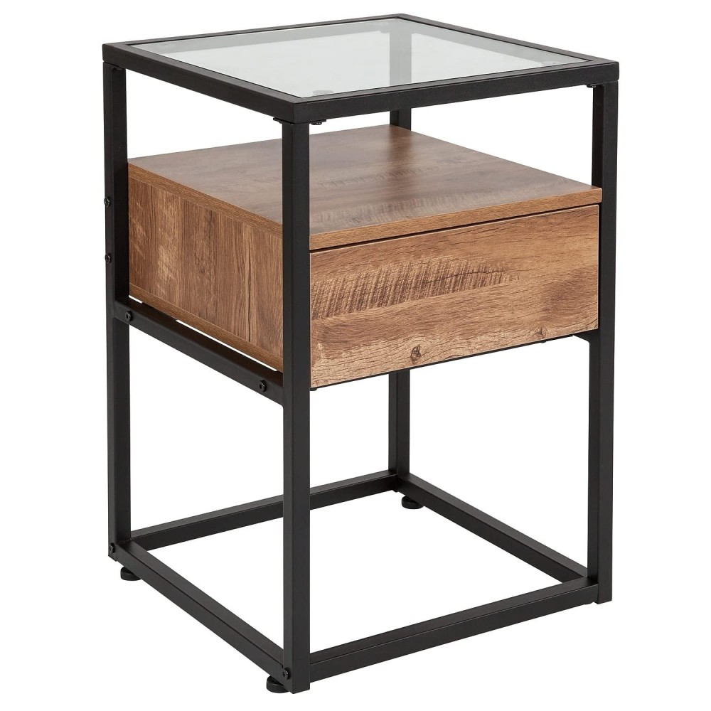 Flash Furniture Cumberland Collection Glass End Table With Drawer And Shelf In Rustic Wood Grain Finish