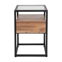 Flash Furniture Cumberland Collection Glass End Table With Drawer And Shelf In Rustic Wood Grain Finish