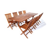 All Things Cedar Te90-22-G Teak Extension Patio Table & Folding Chair Set With Cushions Green