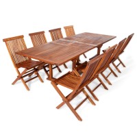 All Things Cedar Te90-22-R Teak Extension Patio Table & Folding Chair Set With Cushions, Red