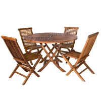 All Things Cedar Tt5P-R-G Teak Round Table & Folding Chair Set With Cushions Green