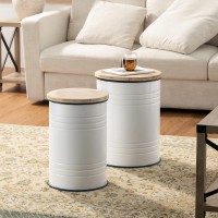 Glitzhome Rustic Storage Ottoman Seat Stool, Farmhouse Nesting Table, Galvanized Barrel Metal Accent End Side Table Toy Box Bin With Round Wood Lid Set Of 2 For Living Room Furniture, White