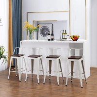 Yongchuang 30 Metal Bar Stools Set Of 4 Industrial Bar Height Stools With Back Bar Chairs (Wood Top Low Back, White)