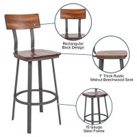 Flash Furniture Flint Series Rustic Walnut Restaurant Barstool With Wood Seat & Back And Gray Powder Coat Frame